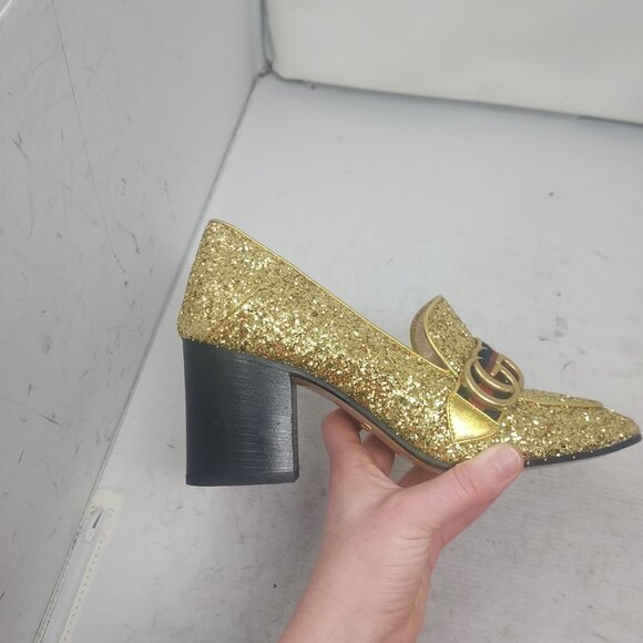 GUCCI GOLD SEQUIN GG PEYTON WEB HEEL SHOE - Picture 5 of 11